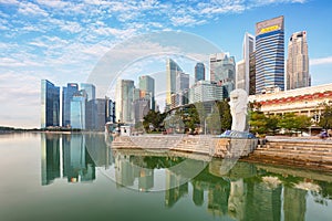 SINGAPORE - OCTOBER 11, 2019: Merlion statue fountain in Merlion Park and Singapore city skyline on December 16, 2014. This