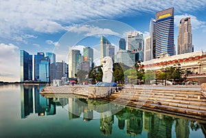 SINGAPORE - OCTOBER 11, 2019: Merlion statue fountain in Merlion Park and Singapore city skyline on December 16, 2014. This