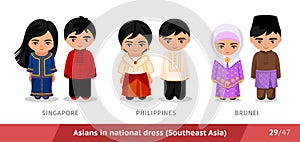 Singapore, Philippines, Brunei. Men and women in national dress. Set of asian people wearing ethnic traditional costume.