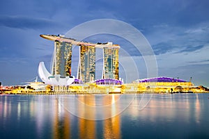 SINGAPORE, SINGAPORE - MARCH 2019: Skyline of Singapore Marina Bay at night with Marina Bay sands, Art Science museum ,