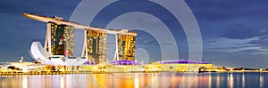 SINGAPORE, SINGAPORE - MARCH 2019: Skyline of Singapore Marina Bay at night with Marina Bay sands, Art Science museum ,