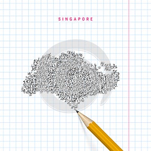 Singapore sketch scribble vector map drawn on checkered school notebook paper background