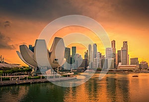 Singapore Skyline and view of skyscrapers on Marina Bay at sunset.