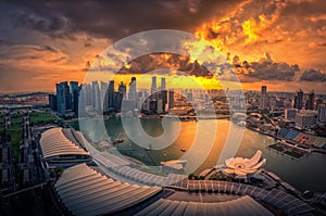 Singapore Skyline and view of skyscrapers on Marina Bay at sunset.