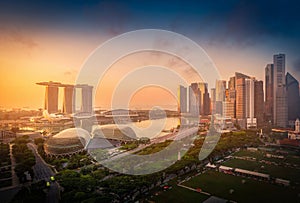 Singapore Skyline and view of skyscrapers on Marina Bay at sunsrise.