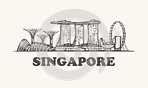 Singapore skyline, vintage vector illustration, hand drawn.