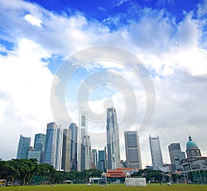 Singapore tall skyscrapers against blue sky