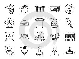 Singapore trip icon set. Included the icons as Merlion, Singapore flyer, Esplanade, Botanic gardens, Butterfly garden, casino, hot