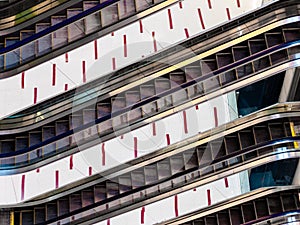 SINGAPORE â€“ 20 MAR 2019 â€“ Close up of escalators in the interior of Cuppage Plaza, Singapore Abstract / Geometric architecture