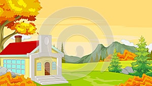 Singe House in Grass Field Autumn Forest With Trees and Mountain Cartoon Vector Illustration photo