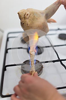 Singeing chicken on fire