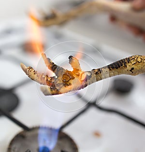 Singeing chicken on fire