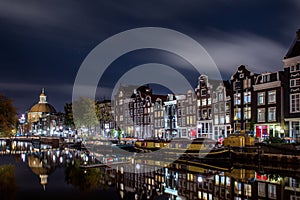 The Singel channel in Amsterdam at night