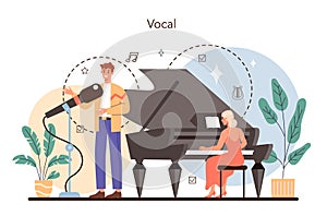 Singer concept. Performer singing with microphone on stage. Vocal music
