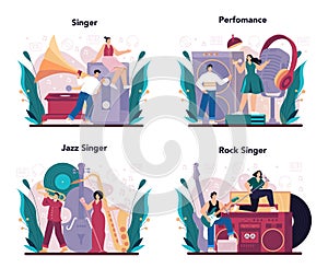 Singer concept set. Performer singing with microphone on stage. Music show