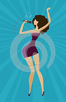 Singer girl singing a song into a microphone. Vector illustration