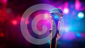 Singer illuminated by stage light performs popular music generated by AI