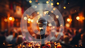 A singer illuminated by stage lights performs for the audience generated by AI