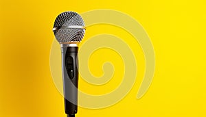 Singer performing on stage with yellow microphone, broadcasting music generated by AI