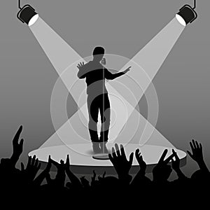 Vector silhouette singer singing in retro style on the stage with his arms viewers