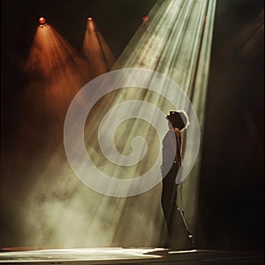 Singer on stage, their voice creating a powerful echo throughout a grand concert hall. photo