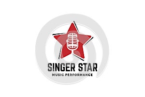 Singer star logo template. Microphone silhouette inside star. Icon for leading, song contest, event, karaoke, podcast