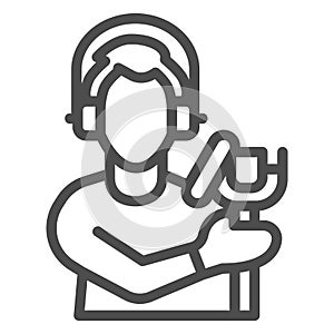 Singer with studio microphone line icon, Sound design concept, Man with microphone silhouette sign on white background