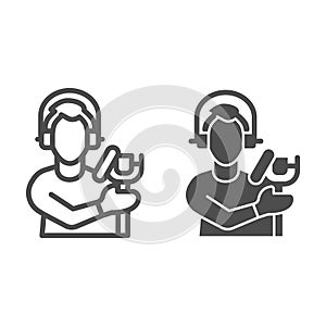 Singer with studio microphone line and solid icon, Sound design concept, Man with microphone silhouette sign on white