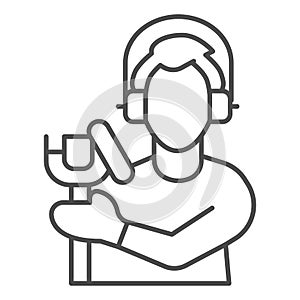 Singer with studio microphone thin line icon, Sound design concept, Man with microphone silhouette sign on white