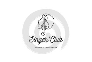 Singer Vocal Karaoke Choir with Music Notes Treble Clef Singing Man Face Silhouette Logo Design Vector