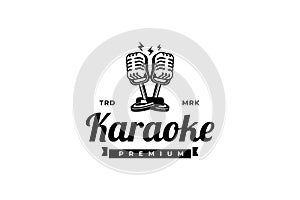 Singer vocal karaoke or podcast station logo with retro microphone. Design element for logo, label, emblem, sign