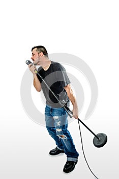 Singer Vocalist on White leaning lifting mic stand