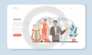 Singer web banner or landing page. Opera performer singing on stage.