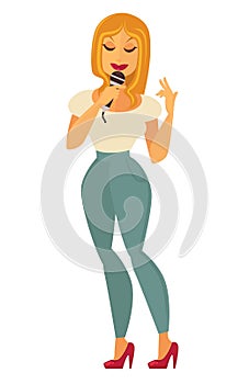 Singer woman singing in karaoke stage vector flat icon