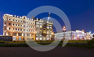 Singer Zinger House on Nevsky prospect at night, St Petersburg, Russia