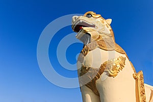 Singh statue in a temple in myanmay. Lion buddhist temple in Myanmar.