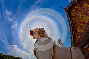 Singha, Lion Statue in front of Mon temple in Sangklaburi, Kanchanaburi, Thailand