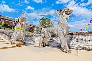 Singha and naga statue at Wat Prathat Lampang Luang Temple, Lamp