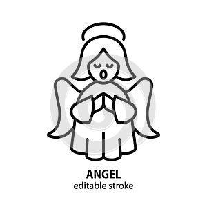 Singing angel line vector icon. Christmas symol. Editable stroke