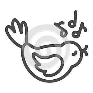 Singing bird with musical notes line icon, gardening concept, bird sings a song vector sign on white background, outline