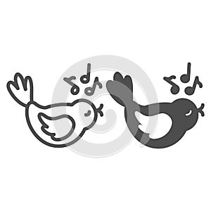 Singing bird with musical notes line and solid icon, gardening concept, bird sings a song vector sign on white