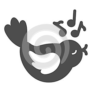 Singing bird with musical notes solid icon, gardening concept, bird sings a song vector sign on white background, glyph