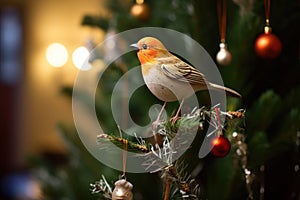 singing bird ornament on a christmas tree with soft lighting