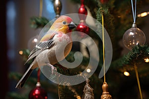 singing bird ornament on a christmas tree with soft lighting