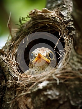 A singing bird peeks out of the nest nest the bird is chirping and the nest looks very spectacular and amazing.