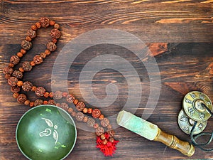 Singing Bowl, copper drums cymbals, Rudraksha beads for meditation