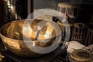 Singing bowls for meditation in the india market in asia