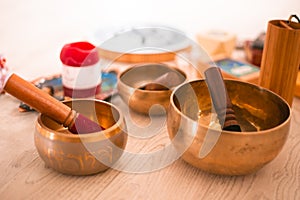 Singing bowls and other meditation items.