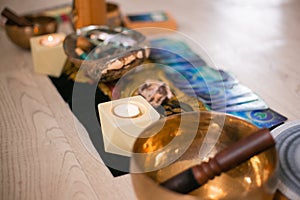 Singing bowls and other meditation items.