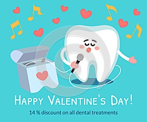 Singing cartoon tooth with dental floss. Valentine`s Day. Greeting card from dentistry